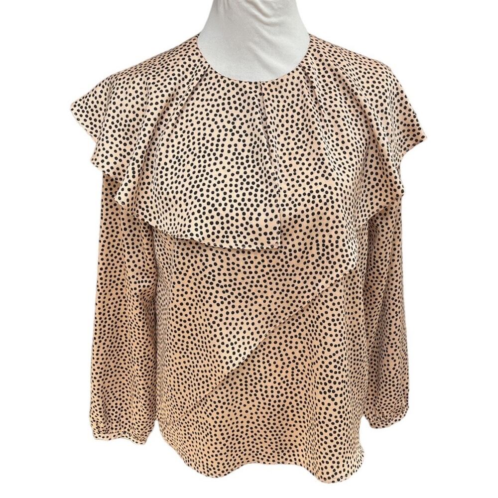 Zara Basic Double Frill Polka Dot Silk Effect Blouse Tan Black Size Medium